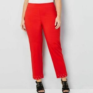 Avenue Super Stretch Pull on Grommet Hem Ankle Trousers in Red Plus Size 28 NWT